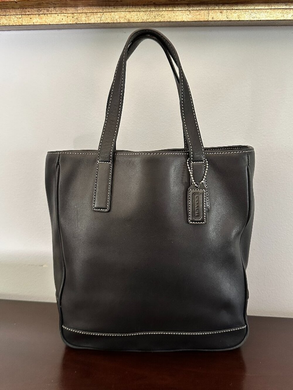 COACH Vintage Hampton Black Leather Tote White Stitch Lunch Bag #7787
